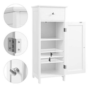 VASAGLE Bathroom Floor Cabinet Wooden Storage Organizer Unit with Drawer and Adjustable Shelf for Living Room White