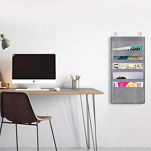 Storage Pocket Chart with 5 Pocket, 2 Pack Heavy Duty Storage Chart Hanging Wall File Organizer ​Included 4 Over Door Metal Hangers - Organize Your Assignments, Files, Scrapbook Papers & More (Gray)