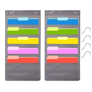 Storage Pocket Chart with 5 Pocket, 2 Pack Heavy Duty Storage Chart Hanging Wall File Organizer ​Included 4 Over Door Metal Hangers - Organize Your Assignments, Files, Scrapbook Papers & More (Gray)