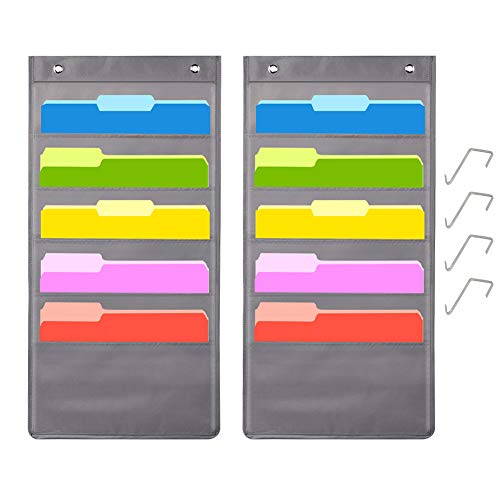Storage Pocket Chart with 5 Pocket, 2 Pack Heavy Duty Storage Chart Hanging Wall File Organizer ​Included 4 Over Door Metal Hangers - Organize Your Assignments, Files, Scrapbook Papers & More (Gray)