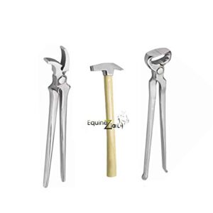 equinez tools 3 pcs farrier horse hoof kit nippers, clincher and hammer trimming shoeing