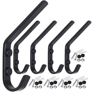 webi coat hook wall mounted - heavy duty metal dual wall hook rack – double prong robe hooks for bathroom kitchen office entryway closet,single hook,black,5 packs