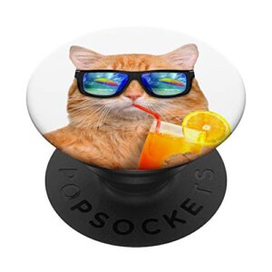 cute orange cat sipping beach drinks vacation cat popsockets popgrip: swappable grip for phones & tablets
