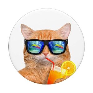 Cute Orange Cat Sipping Beach Drinks Vacation Cat PopSockets PopGrip: Swappable Grip for Phones & Tablets
