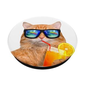 Cute Orange Cat Sipping Beach Drinks Vacation Cat PopSockets PopGrip: Swappable Grip for Phones & Tablets