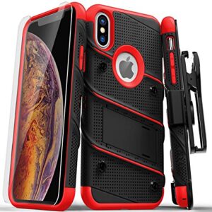 zizo bolt series for iphone xs max case military grade drop tested with tempered glass screen protector, holster, kickstand black red