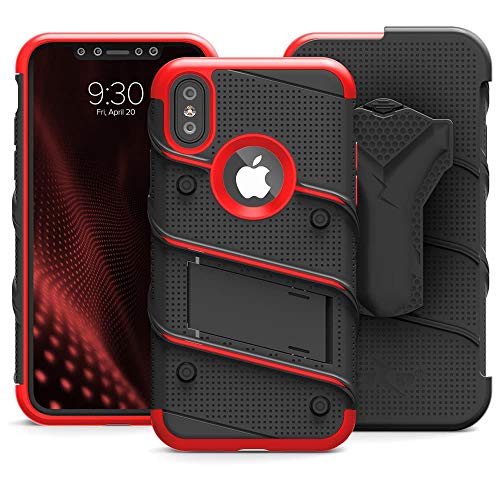 ZIZO Bolt Series for iPhone Xs Max case Military Grade Drop Tested with Tempered Glass Screen Protector, Holster, Kickstand Black RED