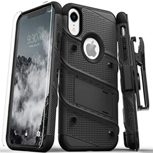 zizo bolt series for iphone xr case with screen protector kickstand holster lanyard - black