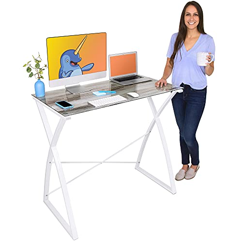 Stand Steady Joy Standing Desk | 43in Large Glass Desk | Modern Standing Desk with Tempered Glass Desktop & Wood Print | Tall Desk & Reception Table | Stand Up Desk for Home & Office (Wood Print)