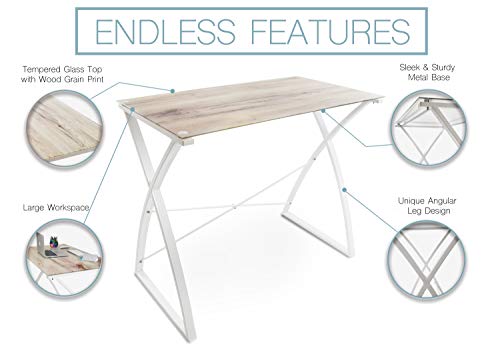 Stand Steady Joy Standing Desk | 43in Large Glass Desk | Modern Standing Desk with Tempered Glass Desktop & Wood Print | Tall Desk & Reception Table | Stand Up Desk for Home & Office (Wood Print)