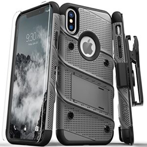 zizo bolt series compatible with iphone xs max case military grade drop tested with tempered glass screen protector holster kickstand gun metal gray