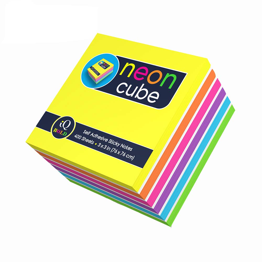 iScholar IQ Neon Sticky Notes Cube, 3 x 3 Inches, Assorted Colors, 400 Sheets (34003)