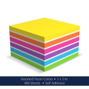 iScholar IQ Neon Sticky Notes Cube, 3 x 3 Inches, Assorted Colors, 400 Sheets (34003)