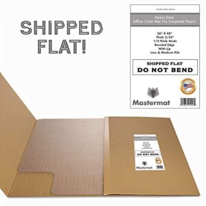 Office Chair Mats for Carpeted Floors, Studded Desk Floor Mat, Clear Heavy Duty for Low and Medium Pile, Beveled Edge with Lip Large 36" X 48" Shipped Flat by Mastermat
