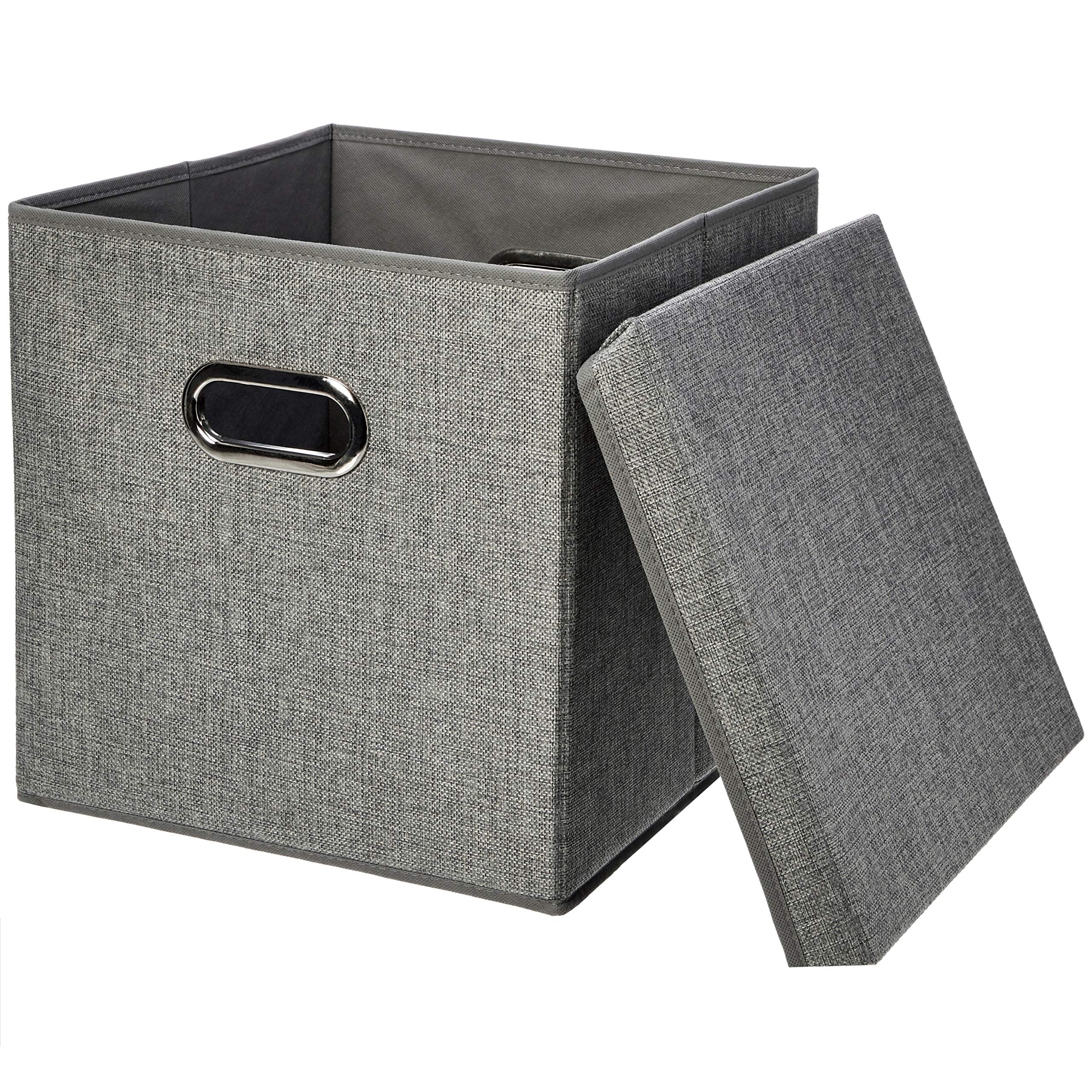 Amazon Basics Foldable Burlap Cloth Cube Storage Bin With Lid, Set of 2, Black