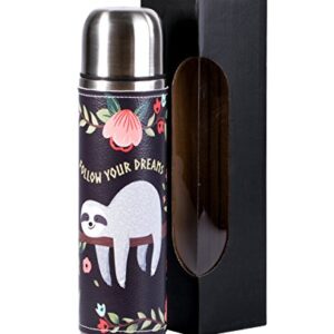 ZZKKO Sloth Follow Your Dreams Stainless Steel Water Bottle Leak Proof Vacuum Insulated Thermos Flask 17 Oz Genuine Leather Wrapped Cover