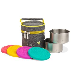 The Pinwheelers - 2 Storage Containers With Lids + 1 Insulated Bag, Food Storage Container for Mini Food, Adults & Kids Snack Container for Christmas Cookies/Christmas Candy, 220 mL, Yellow Gray Bag