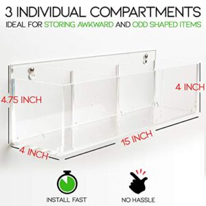 No-Drill Clear Acrylic Makeup Organizer Wall Mounted with Adhesive Stickers or Screws, 15” Clear Acrylic Bathroom Organizer Shelf
