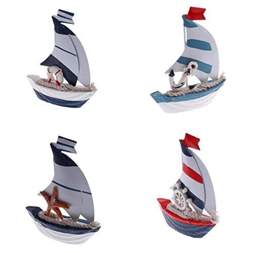 Mediterranean Nautical Rustic Mini Sailing Boat Model Decor Mini 4.9''H Metal Fishing Boat Model Coastal Beach Décor Home Party Wedding Table Desk Centerpieces Bathroom Display Ornament Set of 4