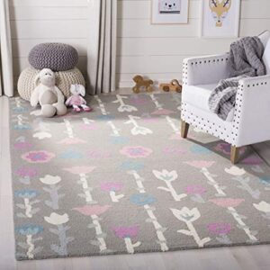 safavieh kids collection 5' x 8' grey / pink sfk918c handmade floral wool area rug