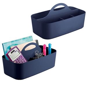 mdesign plastic office storage organizer caddy tote with handle for cabinet, countertop, desk, workspace - holds erasable pens, colored pencils, washi tape, notebook - large, 2 pack - navy blue