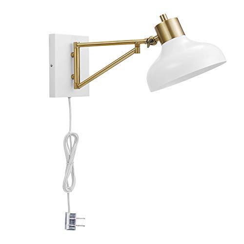 Globe Electric 51344 1-Light Plug-in or Hardwire Swing Arm Wall Sconce, White, Brass Accents, White Cloth Cord, Wall Lighting, Wall Lights for Bedroom, Kitchen Sconces Wall Lighting, Home Décor