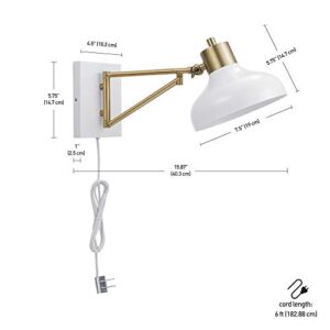 Globe Electric 51344 1-Light Plug-in or Hardwire Swing Arm Wall Sconce, White, Brass Accents, White Cloth Cord, Wall Lighting, Wall Lights for Bedroom, Kitchen Sconces Wall Lighting, Home Décor