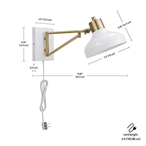 Globe Electric 51344 1-Light Plug-in or Hardwire Swing Arm Wall Sconce, White, Brass Accents, White Cloth Cord, Wall Lighting, Wall Lights for Bedroom, Kitchen Sconces Wall Lighting, Home Décor