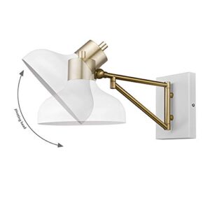 Globe Electric 51344 1-Light Plug-in or Hardwire Swing Arm Wall Sconce, White, Brass Accents, White Cloth Cord, Wall Lighting, Wall Lights for Bedroom, Kitchen Sconces Wall Lighting, Home Décor