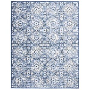 safavieh brentwood collection 8' x 10' navy / cream bnt862n floral distressed non-shedding living room bedroom dining home office area rug