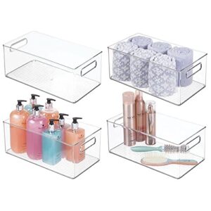 mdesign deep plastic storage organizer container bin, bath and shower organization for cabinet, cupboard, shelves, counter, or closet - holds shampoo, vitamins, ligne collection, 4 pack, clear