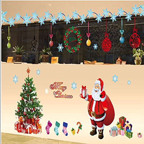 LONGTEN Christmas Windows Static Stickers Clings Santa Claus Snowman Deer Snowflake Removable Vinyl Christmas Tree DIY Window Door Mural Decal Sticker for Showcase A