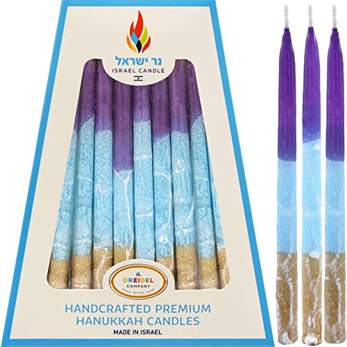 Dripless Chanukah Candles 45 Hanukkah Candles Decorative Purple, with Blue & Green Frosted Stripes - Hand Made