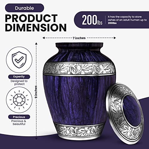 Cremation Urns for Human Ashes Large Size Adult Funeral Urns with Secured Lid for Men Women Male Female Handcrafted 9 Inch Size Purple Blue Finish 210lbs with Velvet Bag