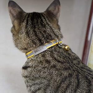 Custom Breakaway Cat Collars with Bell - Engraved Stainless Steel No Noise Slide-On Identification Tags On Collar - Up to 3 Lines of Personalized Text (Reflection)