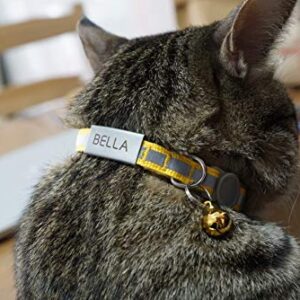 Custom Breakaway Cat Collars with Bell - Engraved Stainless Steel No Noise Slide-On Identification Tags On Collar - Up to 3 Lines of Personalized Text (Reflection)