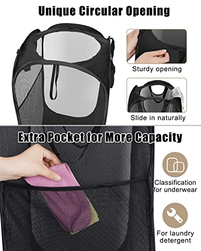 2 Pcs Strong Mesh Pop-up Laundry Hamper, Quality Laundry Basket with Durable Handles Solid Bottom High Carbon Steel Frame, Easy to Open and Fold Flat for Storage(Black)