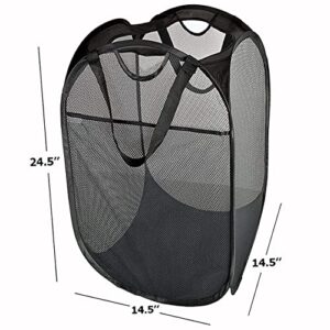 2 Pcs Strong Mesh Pop-up Laundry Hamper, Quality Laundry Basket with Durable Handles Solid Bottom High Carbon Steel Frame, Easy to Open and Fold Flat for Storage(Black)