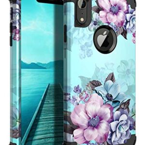 Casetego Compatible with iPhone XR Case,Floral Three Layer Heavy Duty Hybrid Sturdy Shockproof Full Body Protective Cover Case for Apple iPhone XR 6.1 inch,Blue Flower