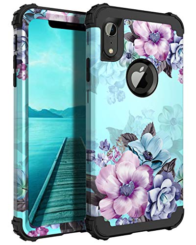 Casetego Compatible with iPhone XR Case,Floral Three Layer Heavy Duty Hybrid Sturdy Shockproof Full Body Protective Cover Case for Apple iPhone XR 6.1 inch,Blue Flower