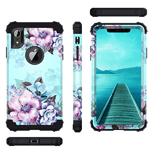 Casetego Compatible with iPhone XR Case,Floral Three Layer Heavy Duty Hybrid Sturdy Shockproof Full Body Protective Cover Case for Apple iPhone XR 6.1 inch,Blue Flower