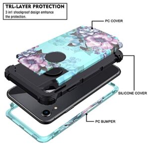 Casetego Compatible with iPhone XR Case,Floral Three Layer Heavy Duty Hybrid Sturdy Shockproof Full Body Protective Cover Case for Apple iPhone XR 6.1 inch,Blue Flower