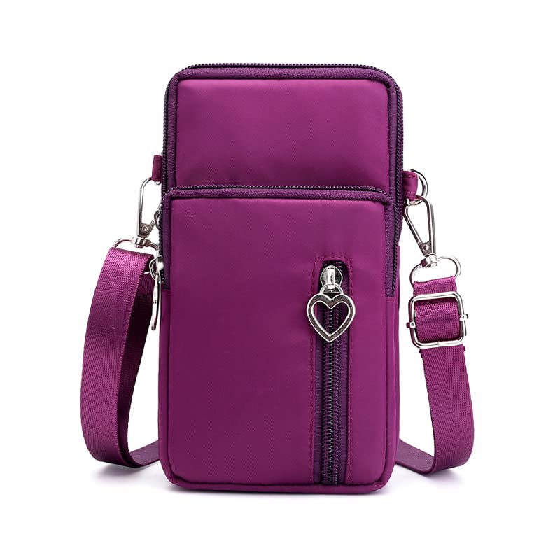 Zipper Crossbody Bag, Women Oxford 3-Layers Wristlet Shoulder Pouch Purse Armband Compatible for iPhone Xs Max 11 Pro Max XR X XS Max Samsung Galaxy S22 S21 FE S20 FE Google Pixel 6 5 4a 5G (Purple)