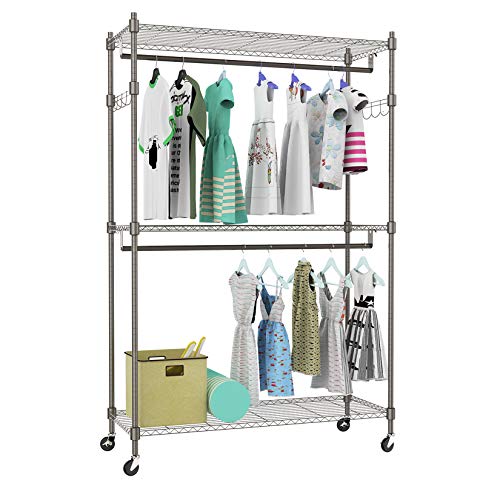 kemanner Heavy Duty Rolling Garment Rack 3-Tiers Wire Shelving W/ Double Rods & Lockable Wheels & 1 Pair Side Hooks - Hold Up to 400Lbs (Gray, 2Rod 2Hook)