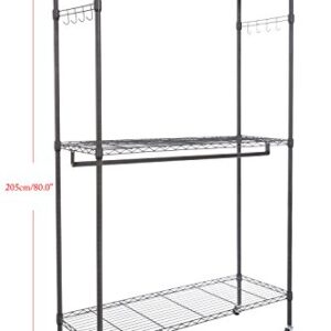 kemanner Heavy Duty Rolling Garment Rack 3-Tiers Wire Shelving W/ Double Rods & Lockable Wheels & 1 Pair Side Hooks - Hold Up to 400Lbs (Gray, 2Rod 2Hook)