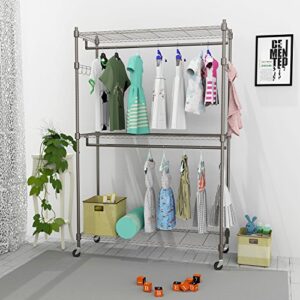 kemanner Heavy Duty Rolling Garment Rack 3-Tiers Wire Shelving W/ Double Rods & Lockable Wheels & 1 Pair Side Hooks - Hold Up to 400Lbs (Gray, 2Rod 2Hook)