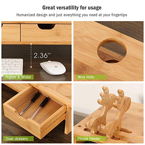 Tribesigns Monitor Stand Riser with Storage Organizer Drawers Bamboo, Natural Brown