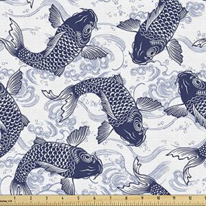 ambesonne fish fabric by the yard japanese carp koi wave pattern asian background ancestral animal culture decorative fabric for outdoor and indoor furnishing cover hobby sewing diy 2 yards white blue