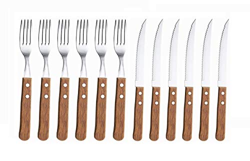 KOVOT 12-Piece Wood Handle Steak Knife & fork Set | Includes (6) 8" Steak Knives + (6) 7.5" Forks