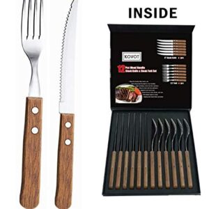 KOVOT 12-Piece Wood Handle Steak Knife & fork Set | Includes (6) 8" Steak Knives + (6) 7.5" Forks